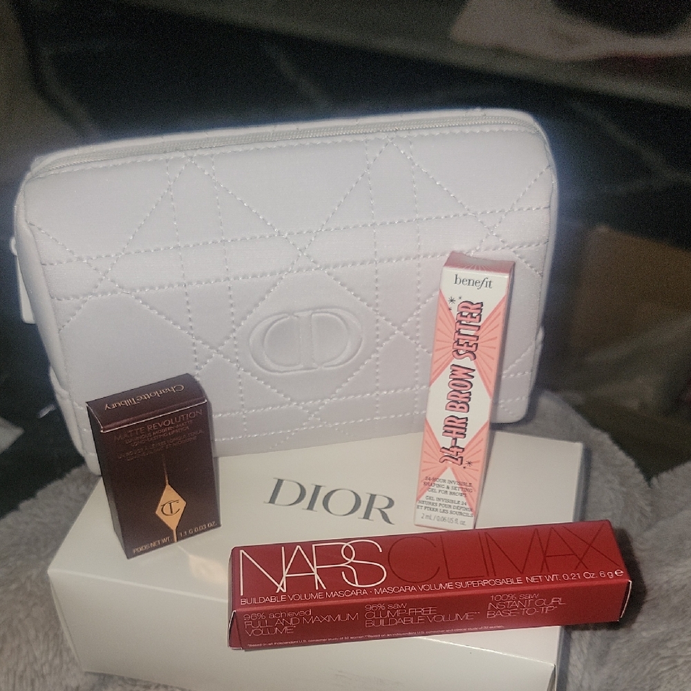 NEW & LIMITED DIOR White Makeup Bag with NARS Mascara & Benefit Brow Gel